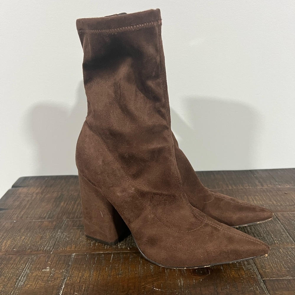 Marc Fisher Brown Suede Pointed Toe Block Heel Ankle Booties